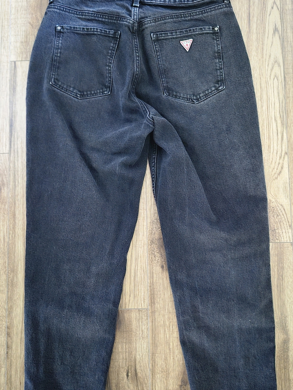 GUESS Women's Washed Black Mom Jeans with Classic Triangle Logo Patch